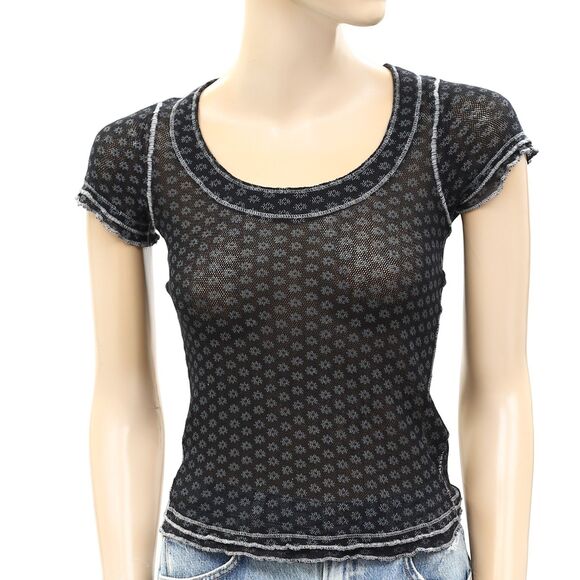 Free People Garner Tee Blouse Top Black Floral Ruffle Short Sleeve M NEW 283439 - Picture 5 of 8